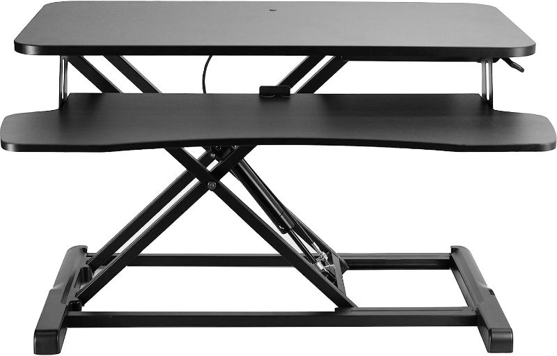 Photo 1 of  Desk Converter, K Series, Height Adjustable Sit to Stand Riser, Dual Monitor and Laptop Workstation with Wide Keyboard Tray, Black