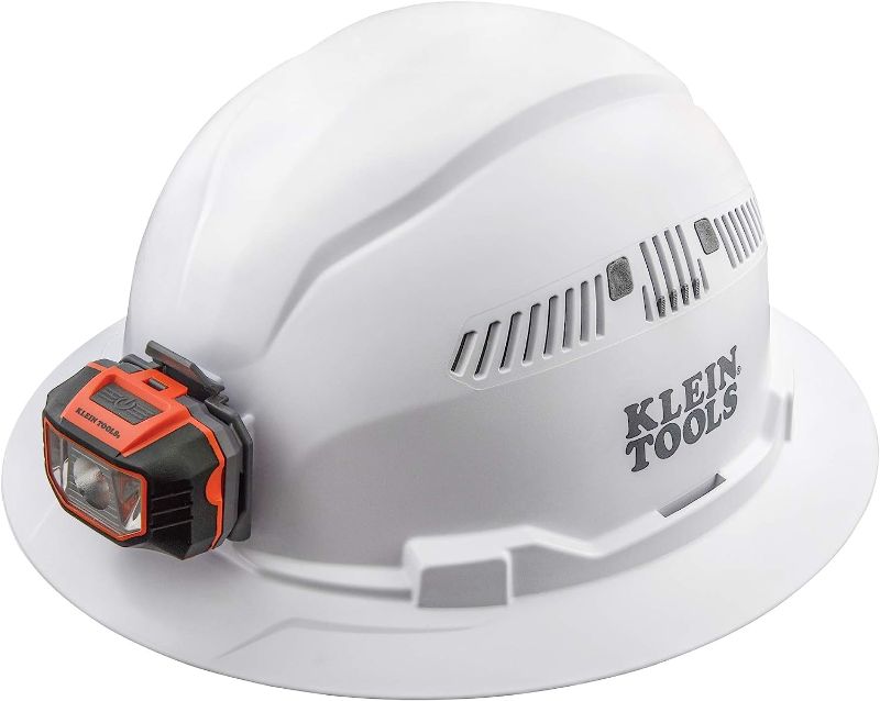 Photo 1 of ***MISSING LIGHT AND INSIDE HARNESS*** Klein Tools 60407 Hard Hat, Light, Vented Full Brim Style, Padded, Self-Wicking Odor-Resistant Sweatband, White
