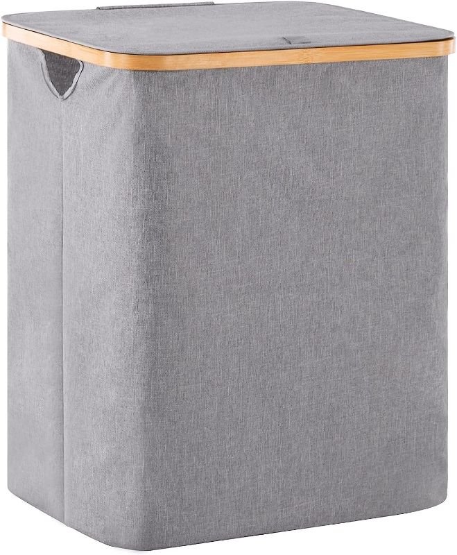 Photo 1 of  Bamboo Laundry Hamper Basket with Lid and Handle, Waterproof and Collapsible Cloth Hamper for Closet and Bathroom, Grey