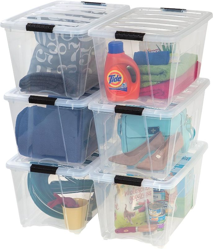 Photo 1 of *******HAS ONLY ONE (1) LID, FIVE (5) MISSING LIDS****ONE HANDLE IS BROKEN*****  IRIS USA 53 Qt. Plastic Storage Container Bin with Secure Lid and Latching Buckles, 6 pack - Clear, Durable Stackable Nestable Organizing Tote Tub Box Toy General Organizatio