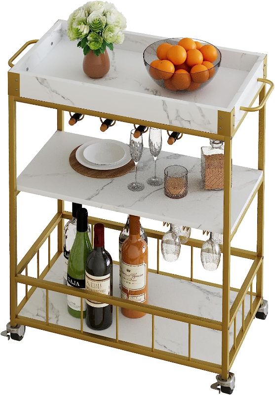 Photo 1 of Azheruol Bar Cart White Marble 3 Tiers Removable Storage Tray with Wine Rack & Wine Glasses Holder,Rolling Beverage Cart,Mobile with Handle, Wood & Gold Steels Home Kitchen Shelf for Party