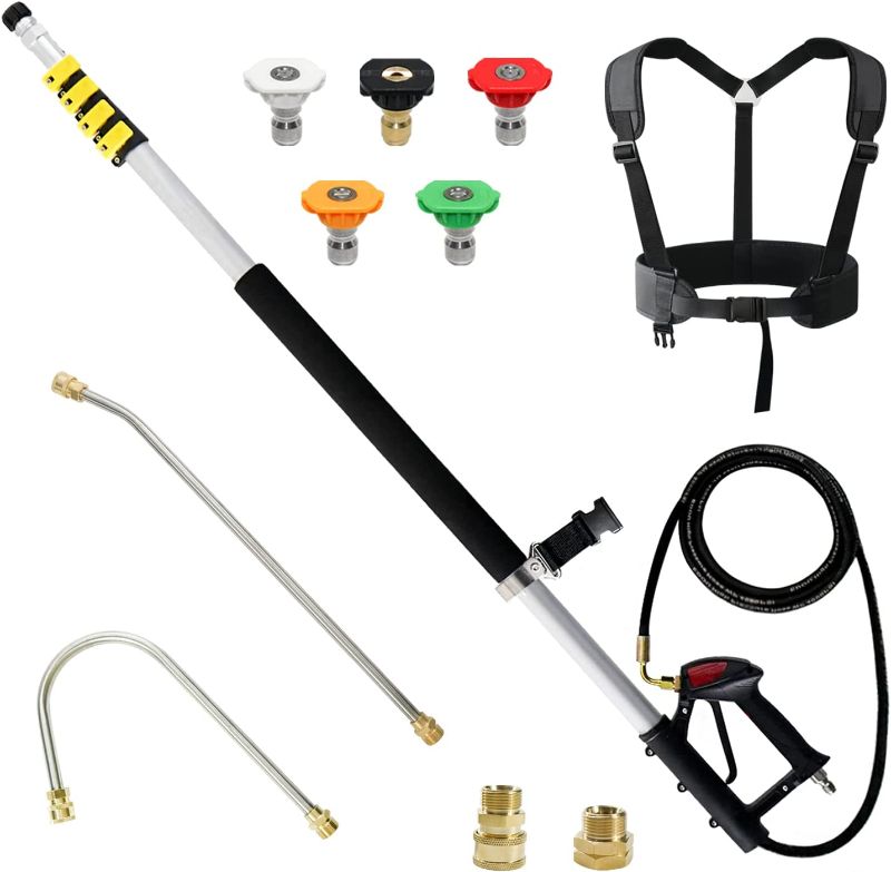 Photo 1 of ???? ??? Pressure Washer Extension Wand, Aihand 24FT Telescoping Power Washer Wand with Gutter & Brush Cleaner Attachment, 7 Spray Nozzle Tips, 2 Hose Inlet Adapters & Belt Harness, 4000 PSI