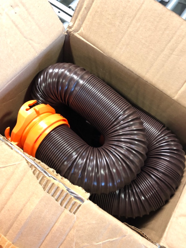 Photo 4 of Camco 20' (39742) RhinoFLEX 20-Foot RV Sewer Hose Kit, Swivel Transparent Elbow with 4-in-1 Dump Station Fitting-Storage Caps Included , Black , Brown 20ft Sewer Hose Kit Frustration-Free Packaging