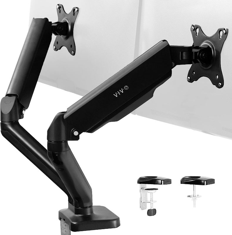 Photo 1 of VIVO Dual Arm Monitor Desk Mount Height Adjustable, Tilt, Swivel, Counterbalance Pneumatic Stand, VESA Bracket Arm Fits Most Screens up to 32 inches, Classic, STAND-V002O