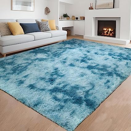 Photo 1 of 4X6 Blue Area Rugs Modern Home Decorate Soft Fluffy Carpets for Living Room Bedroom Kids Room Fuzzy Plush Non-Slip Floor Area Rug Fluffy Indoor Carpet 4X6 Feet Blue