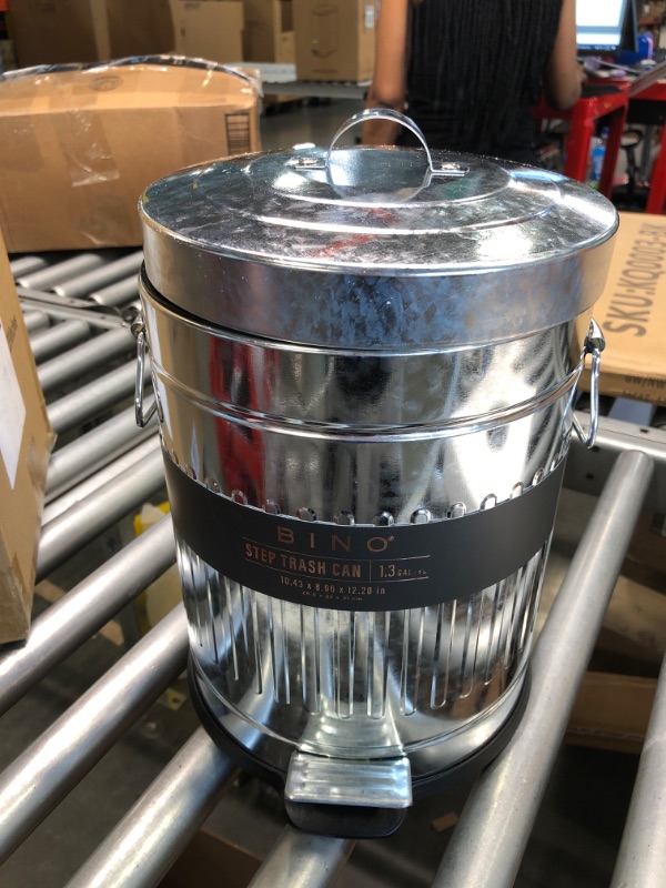 Photo 1 of BINO Round Step Trash Can | Home or Office Bathroom Trash Cans with Lids | Kitchen Garbage Can with Non-Slip Stepper | Stainless Steel Small Trash Can with Lid | Galvanized Steel (1.3 Gallon/5 Liter)