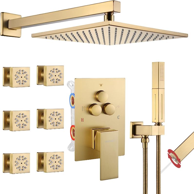 Photo 1 of  Shower Faucet Set Brushed Gold Shower System with 6 PCS Body Jets,Push Button Diverter Shower Fixtures with 2 in 1 Handheld,10 Inch Shower Head(Rough-in Valve Body and Trim Included)