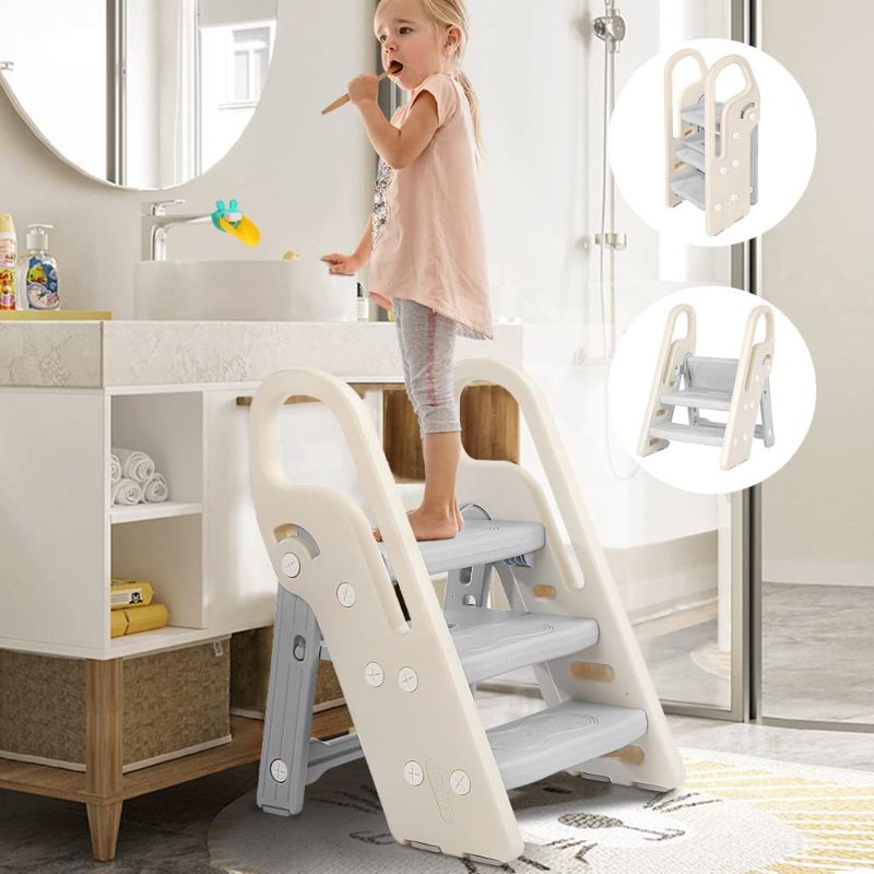 Photo 1 of Foldable Toddler Step Stop for Bathroom Sink, Adjustable 3 Step Stool for Kids Toilet Potty Training Stool with Handles, Child Kitchen Counter Stool Helper, Plastic Ladder for Toddlers Grey