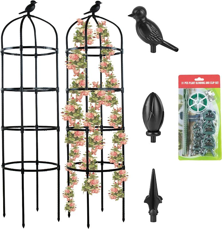 Photo 1 of 2 PCS Obelisk Trellis,6 FT Garden Trellis for Climbing Outdoor Plants,Tall Rustproof Coated Metal Plant Support,with Plant Clips Tie Wire Roll(2 PCS-6FT)