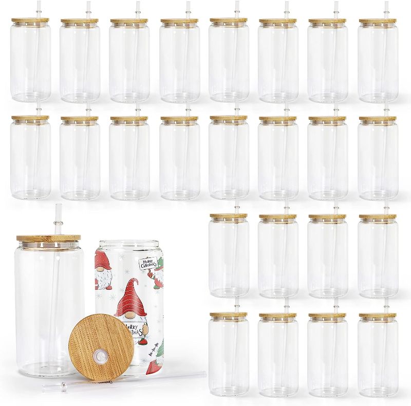 Photo 1 of AGH 24 Pack 16oz Clear Sublimation Glass Cups with Bamboo Lid, Sublimation Glass Blanks Cups Jar Can with Splash-proof Lid and Straw, Straight Sublimation Tumblers for Iced Coffee Milk Juice, Gift
