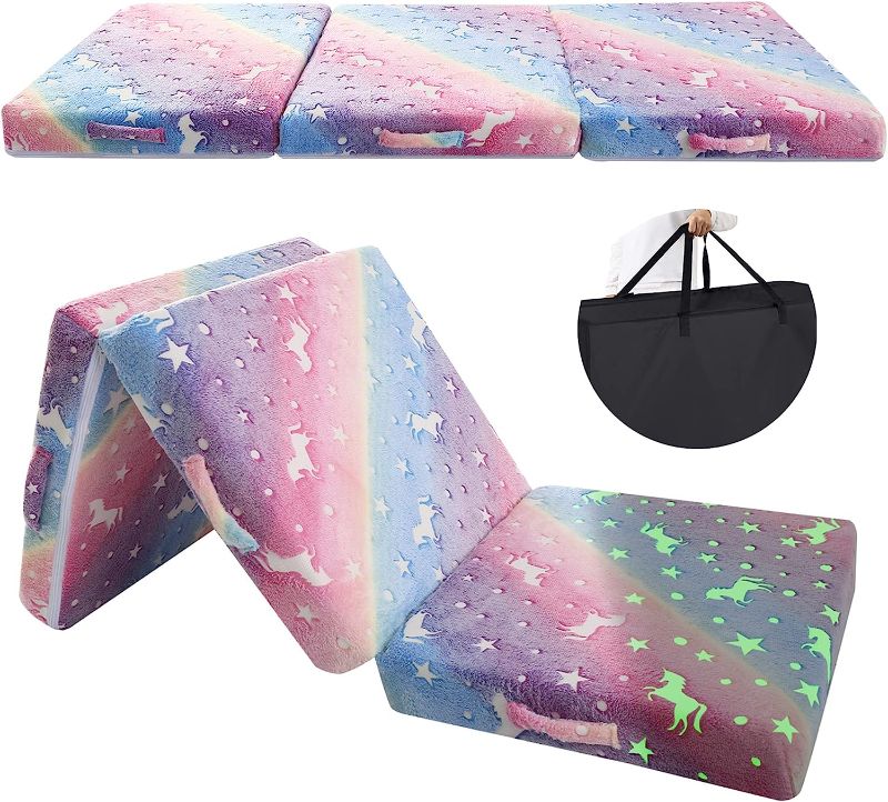 Photo 1 of MeMoreCool Foldable Floor Mattress for Kids, Coloful Glow in The Dark Toddler Floor Nap Mat for Sleeping Daycare, Small Child Foldable Mattress Floor Bed, Trifold Futon Portable Tri Folding Mattress
