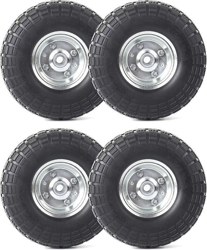 Photo 1 of (4-Pack) AR-PRO 10-Inch Solid Rubber Tires and Wheels - Replacement 4.10/3.50-4” Tires and Wheels with 5/8” Axle Bore Hole, 2.2” Offset Hub, and Double...
