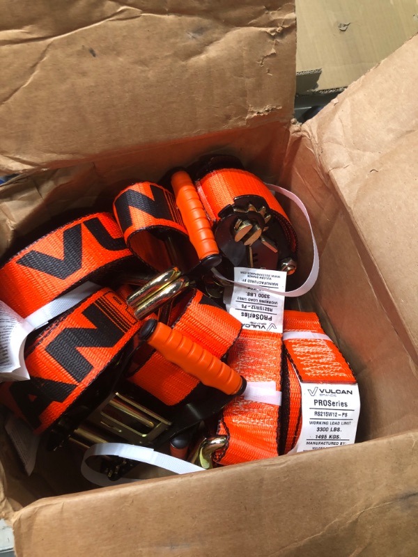 Photo 1 of *** ORANGE** VULCAN Ratchet Straps with Wire J Hooks - 2 Inch x 15 Foot - 4 Pack - Classic Yellow - 3,300 Pound Safe Working Load