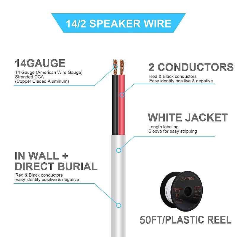 Photo 1 of 50 Feet 14 Gauge 2 Conductors Red Black Wire with Fire Resistant White Jacket, 14/2 AWG CL2 Rated Loud Speaker Cable Wire, 14 AWG Electrical Hookup Wire LED Strips Extension Cord Cable