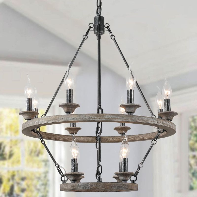 Photo 1 of Rustic Farmhouse BRONZE Wagon Wheel Chandelier, Wooden Pendant Light Metal Round Kitchen Light Fixture Modern Ceiling Hanging for Living Dining Room Entryway Foyer Porch, 12-Light