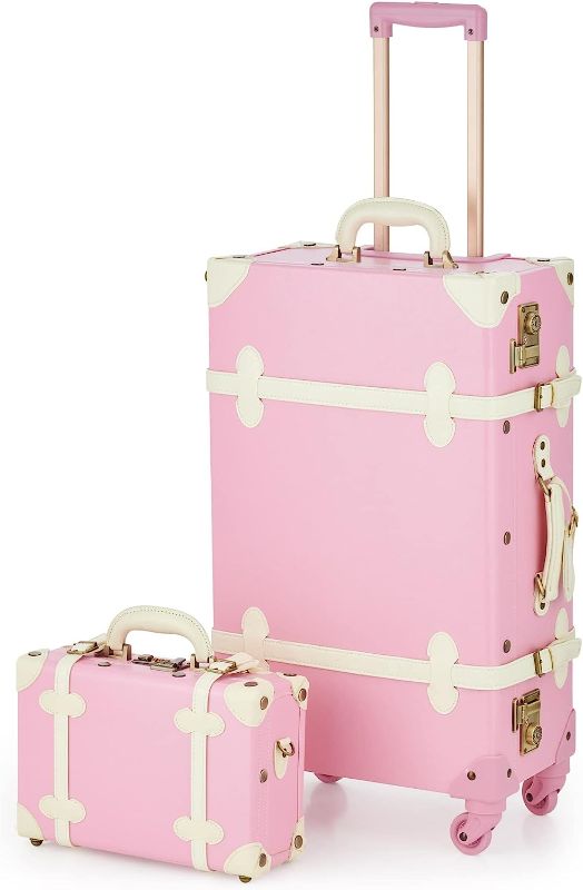 Photo 1 of CO-Z Vintage Luggage Sets, 2 Piece Retro Suitcase with Spinner Wheels TSA Lock and Carry On Briefcase, Large 24" Trunk Small 12" Train Case Leather Travel Luggage Set for Women, Pink