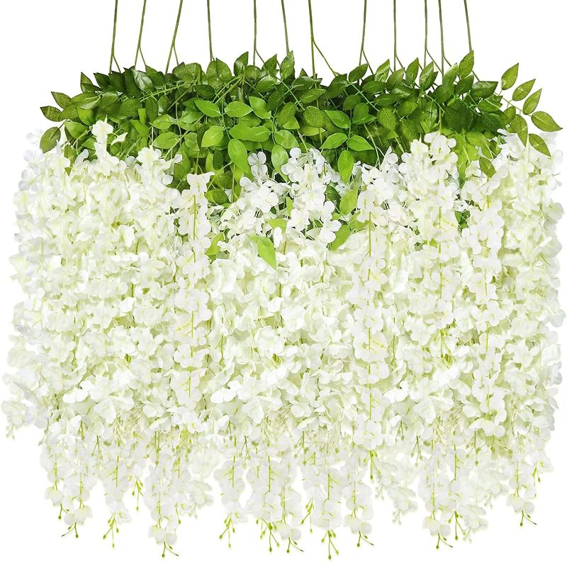 Photo 1 of 12 Pack Artificial Hanging Flowers Wisteria Garland Lush Long Silk Flower Vines for Outdoor Indoor Wedding Arch Backdrop Party Room Wall Decor (White)