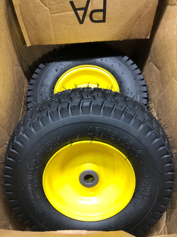 Photo 3 of (2 Pack) AR-PRO Exact Replacement 15" x 6.00-6" Front Tire and Wheel Assemblies for John Deere Riding Mowers - Compatible with John Deere 100 and D100 Series - 3” Centered Hub and 3/4��” Bushings 15 x 6.00-6" Yellow