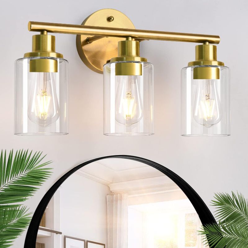 Photo 1 of 3-Light Gold Bathroom Light Fixtures, Modern Bathroom Vanity Light with Clear Glass Shade, Brushed Gold Bath Wall Mount Lights, Wall Lamp for Mirror Kitchen Bedroom Hallway Living Room Hallway