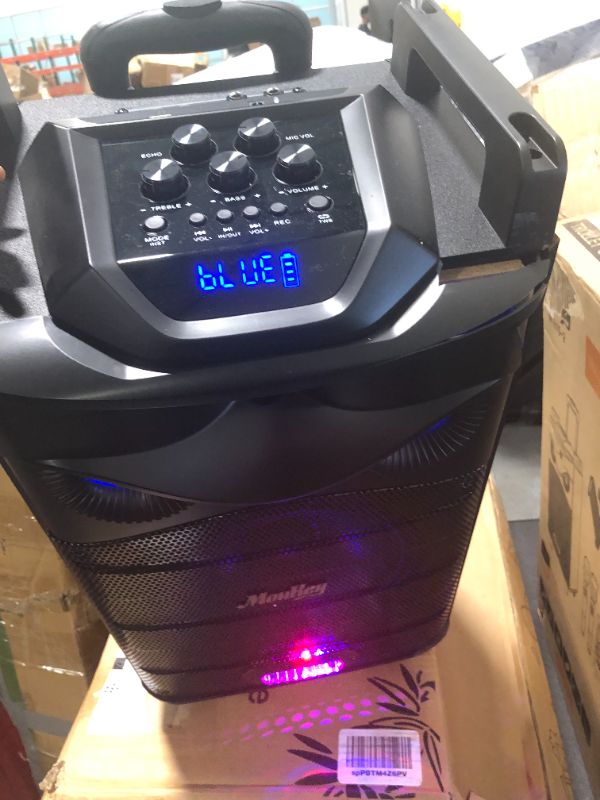 Photo 2 of Moukey Karaoke Machine, PA System Subwoofer, Portable Bluetooth Speaker w/ 2 Wireless Microphones, Lyrics Display Holder, Party Lights & Echo/Treble/Bass Adjustment, Support TWS/REC/AUX/MP3/USB/TF/FM 10" Subwoofer