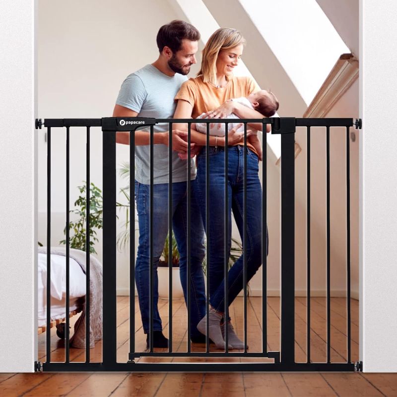 Photo 1 of Baby Gate for Stairs Doorways, Fits Openings of 29.5" to 48.8" Wide, Auto Close Extra Wide Baby and Pet Gate for Doorways and Stairways,Pressure Mounted Dog Gates, Black