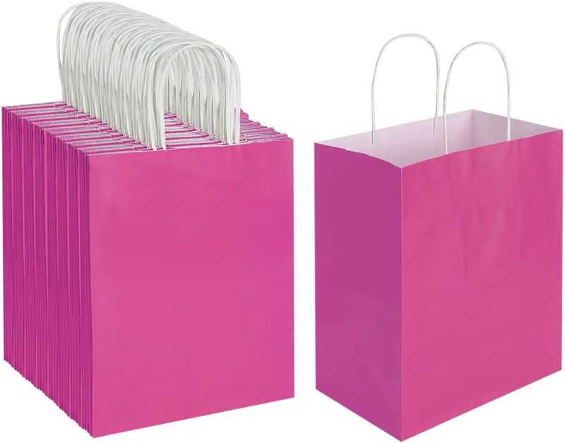 Photo 1 of 
Oikss 100 Pack 8x4.75x10 inch Medium Kraft Bags with Handles Bulk, Pink Paper Bags Birthday Wedding Party Favors Grocery Retail Shopping Takeouts Business Goody Craft Gift Sacks (Fuchsia 100PCS Count)
 
 Oikss 100 Pack 8x4.75x10 inch Medium Kraft Bags wi
