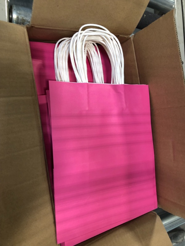 Photo 2 of 
Oikss 100 Pack 8x4.75x10 inch Medium Kraft Bags with Handles Bulk, Pink Paper Bags Birthday Wedding Party Favors Grocery Retail Shopping Takeouts Business Goody Craft Gift Sacks (Fuchsia 100PCS Count)
 
 Oikss 100 Pack 8x4.75x10 inch Medium Kraft Bags wi