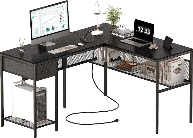 Photo 1 of AYEASY Home Office Desk with Monitor Stand Shelf, 66 inch Large Computer Desk with Power Outlet and USB Charging Port, Computer Table with Storage Shelves and Drawer, Study Work Desk, Grey