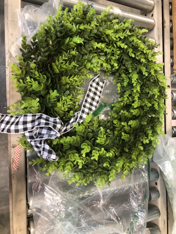 Photo 2 of 23" Faux Round Boxwood Wreath, Vlorart Artificial Boxwood Wreath Front Door Wreaths Artificial Spring Summer Greenery Hanging with A Plaid Bow for Front Door Wall Hanging Window Wedding Party Decor 23inch