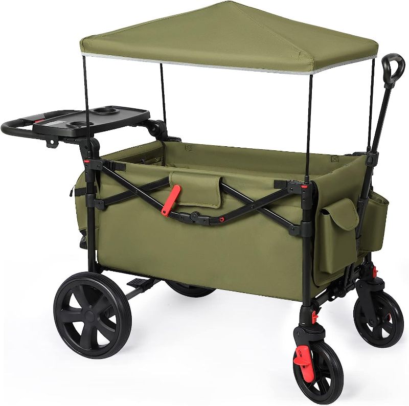 Photo 1 of EVER ADVANCED Foldable Wagons for Two Kids & Cargo, Collapsible Folding Stroller with Adjustable Handle Bar,Removable Canopy with 5-Point Harness Gray