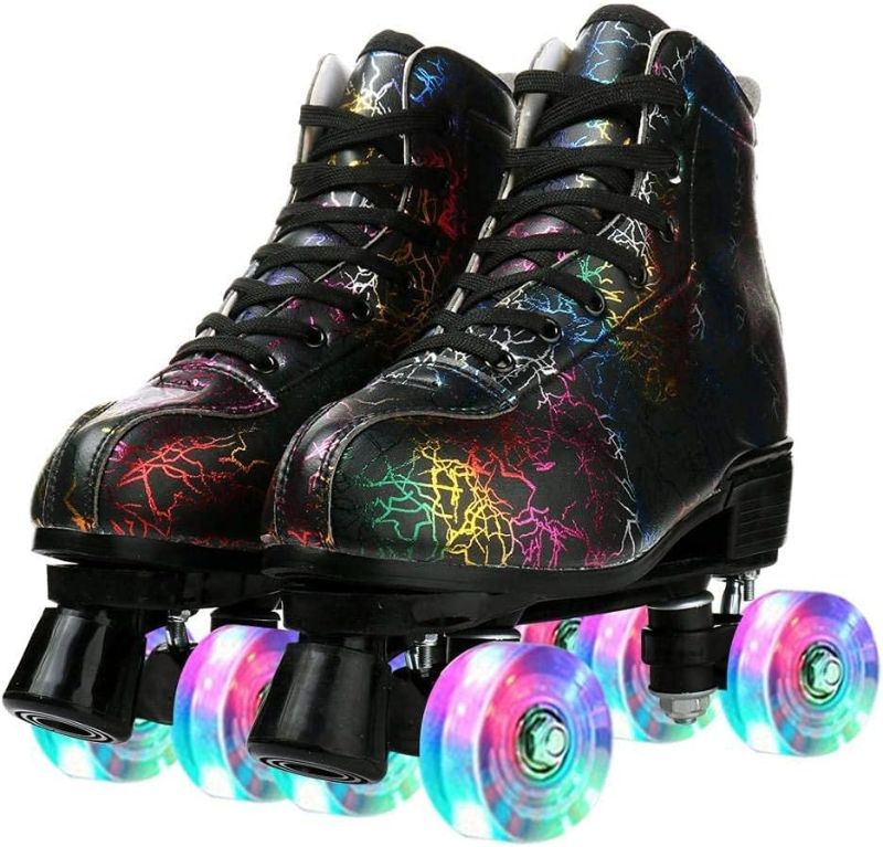 Photo 1 of Beuway Womens Roller Skates Artificial Leather Adjustable Double Row 4 Wheels Roller Skates Shiny High-Top Outdoor Roller Skate for Teens,Adult Black Black wheel 37/US 7