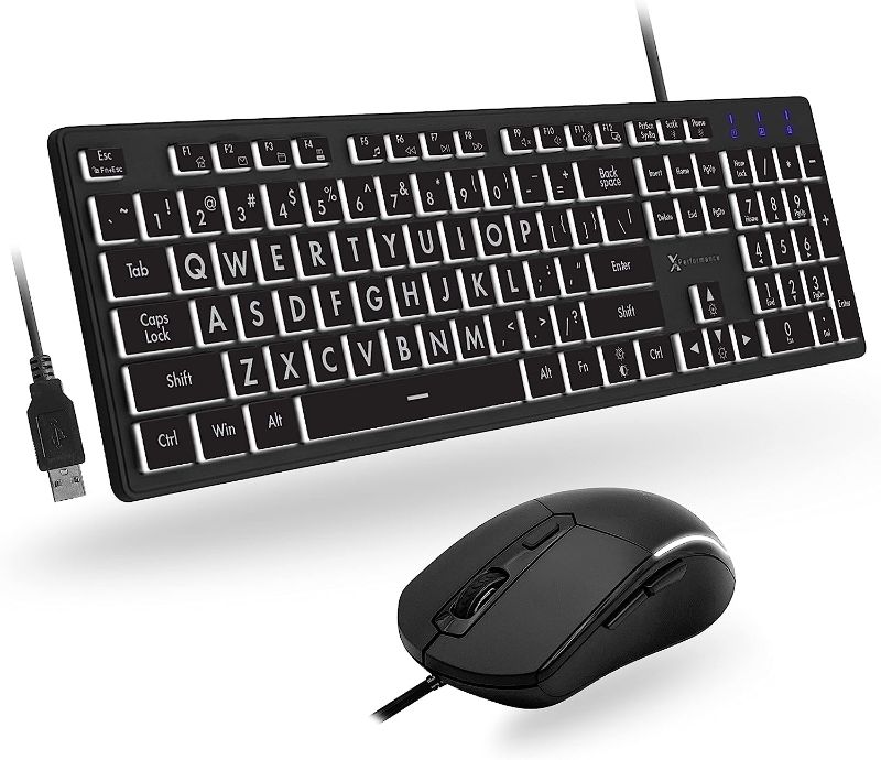 Photo 1 of X9 Performance Large Print Keyboard and Mouse Combo - Easy to See Lighted Big Print Letters - USB Wired Backlit Keyboard and Mouse - Light Up Key Keyboard for Elderly, Low Vision, Visually Impaired