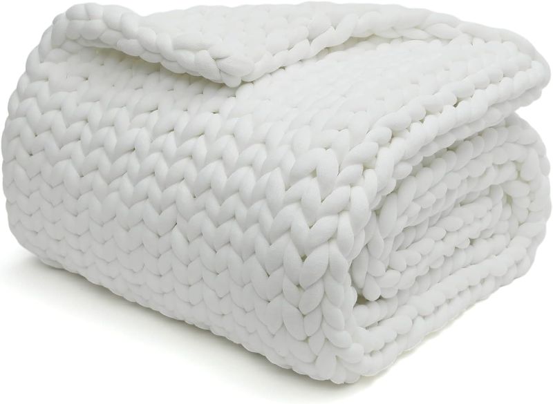 Photo 1 of YnM Cooling Knitted Weighted Blanket, Hand Made Chunky Knit Weighted Throw Blanket for Sleep or Home Décor (White, 60''x80'' 15lbs) …
