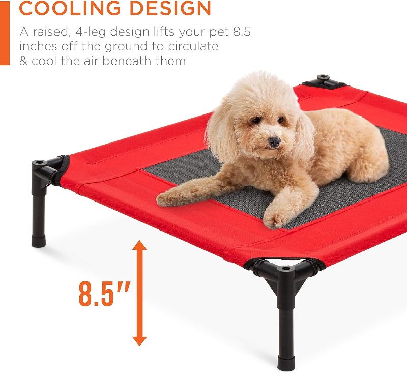 Photo 5 of Best Choice Products 30in Elevated Cooling Dog Bed, Outdoor Raised Mesh Pet Cot w/Removable Canopy Shade Tent, Carrying Bag, Breathable Fabric - Red 30in Red