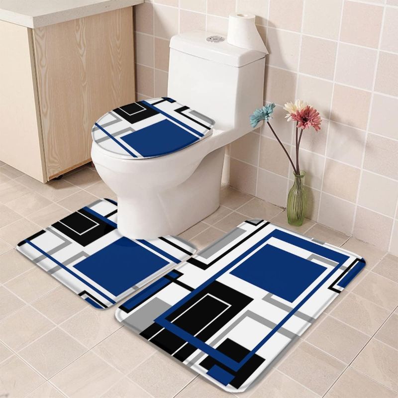 Photo 1 of Bathroom Rugs Sets 3 Piece Bath Mat,Blue Color Block Abstract Geometry Soft Non-Slip Bath Rug Set,Absorbent Shower Rugs Toilet Seat Cover U-Shaped Toilet Mat for Bathroom Gray Stripe Modern Art