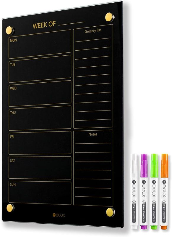 Photo 1 of Black Glass Golden Weekly Dry Erase Calendar Whiteboard for Wall, to Do List & 7 Days Planner White Board for Home Office, 23x9.5", 4 Wet Erase Markers Included, Yeoux Black. Weekly-23" x 9.5"