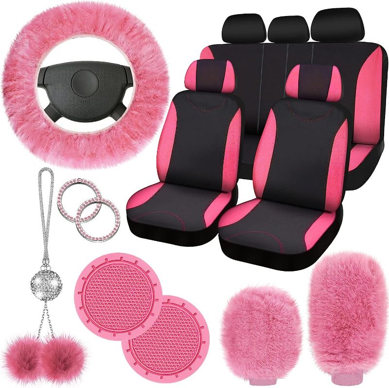 Photo 1 of 17 Pcs Car Seat Cover Full Set for Women Universal Fit Car Front Rear Seat Covers,Fluffy Steering Wheel Covers,Soft Fleece Handbrake Shift Cover,Hanging Accessory Holder Ring Emblem Sticker,Pink(Pink)