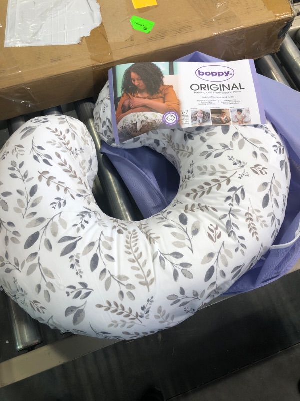 Photo 4 of Boppy Nursing Pillow and Positioner—Original | Gray Taupe Watercolor Leaves | Breastfeeding, Bottle Feeding, Baby Support | with Removable Cotton Blend Cover | Awake-Time Support