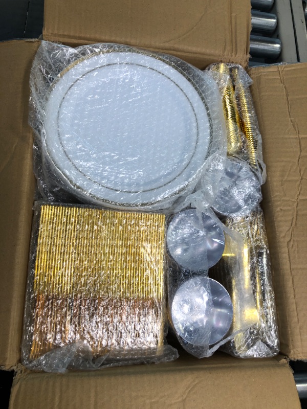 Photo 2 of 600pcs Gold Dinnerware Set for 100 Guest, Includes Gold Plastic Plates, Plastic Salad Plates, Gold Silverware Set and Plastic Cups - Disposable Plastic Plates Cutlery Set for Party Wedding Birthday