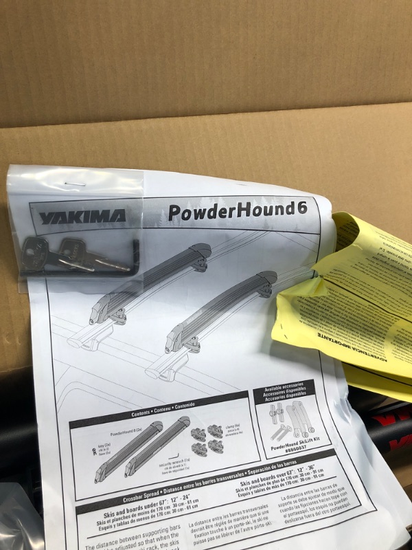 Photo 1 of YAKIMA, PowderHound 6 Ski & Snowboard Mount, Fits Up to 6 Pairs of Skis or 4 Snowboards, Rides Quietly, Fits Most Roof Racks, Black