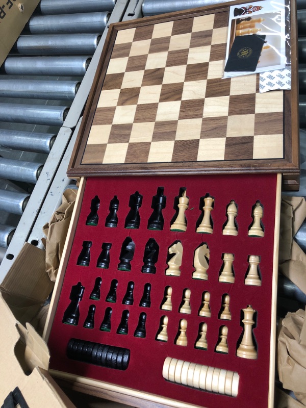 Photo 2 of A&A 15 inch Walnut Wooden Chess Sets w/ Storage Drawer / Triple Weighted Chess Pieces - 3.0 inch King Height/ Walnut Box w/Walnut & Maple Inlay / 2 Extra Queen / Classic 2 in 1 Board Games/ Chess Only Triple Weighted Pieces w/ Walnut Box