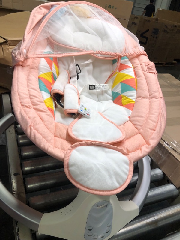 Photo 4 of Baby Swing for Infants, Electric Portable Baby Swing for Newborn, Bluetooth Touch Screen/Remote Control Timing Function 5 Swing Speeds Baby Rocker Chair with Music Speaker 5 Point Harness Pink
