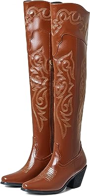 Photo 1 of  Cowgirl Boots for Women Snip Toe Embroidery Western Boots Vintage Cork Heel Side Zipper Cowboy Knee High Boots
