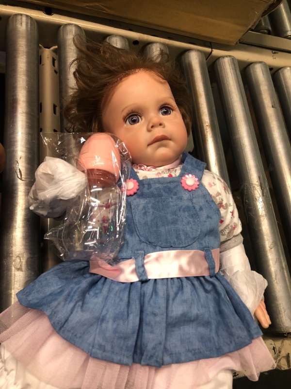 Photo 4 of 42cm Blue Eyes Handmade Lifelike Reborn Baby Doll with Denim Skirt Cloths Realistic Reborn Girl Doll for Kids Birthday