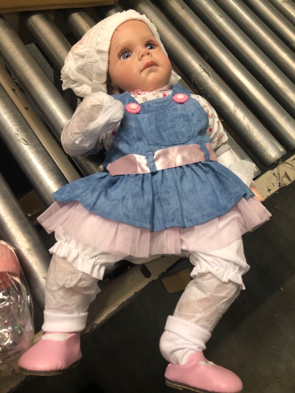 Photo 3 of 42cm Blue Eyes Handmade Lifelike Reborn Baby Doll with Denim Skirt Cloths Realistic Reborn Girl Doll for Kids Birthday