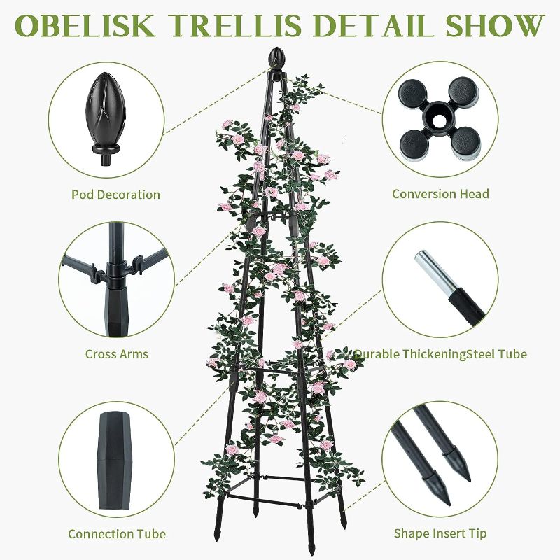 Photo 1 of 2 PCS Obelisk Trellis,4 FT Garden Trellis for Climbing Outdoor Plants,Tall Rustproof Coated Metal Plant Support,with Plant Clips Tie Wire Roll (2PCS-4FT)
