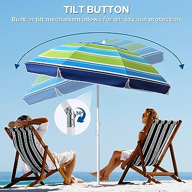 Photo 1 of Beach Umbrella - Beach Umbrellas for Sand with Air Vents, 6.56FT Arc Length, 5.9FT Diameter, Heavy Duty Wind Portable, Adjustable Tilting Pole with 8 Ribs UV 50+ and Carry Bag - Blue & Green Blue & White