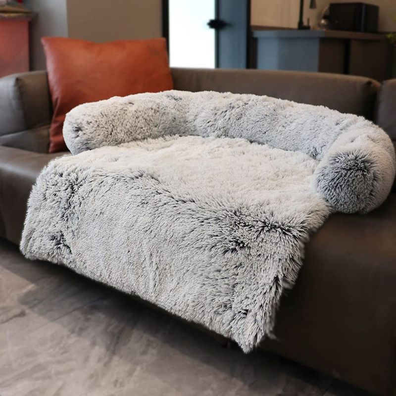 Photo 1 of Calming Dog Bed Plush Dog Mat Dog Sofa, Pet Couch Protector for Dog, Pet Furniture Cover with Memory Foam Neck Bolster, Machine Washable Silver Grey Large