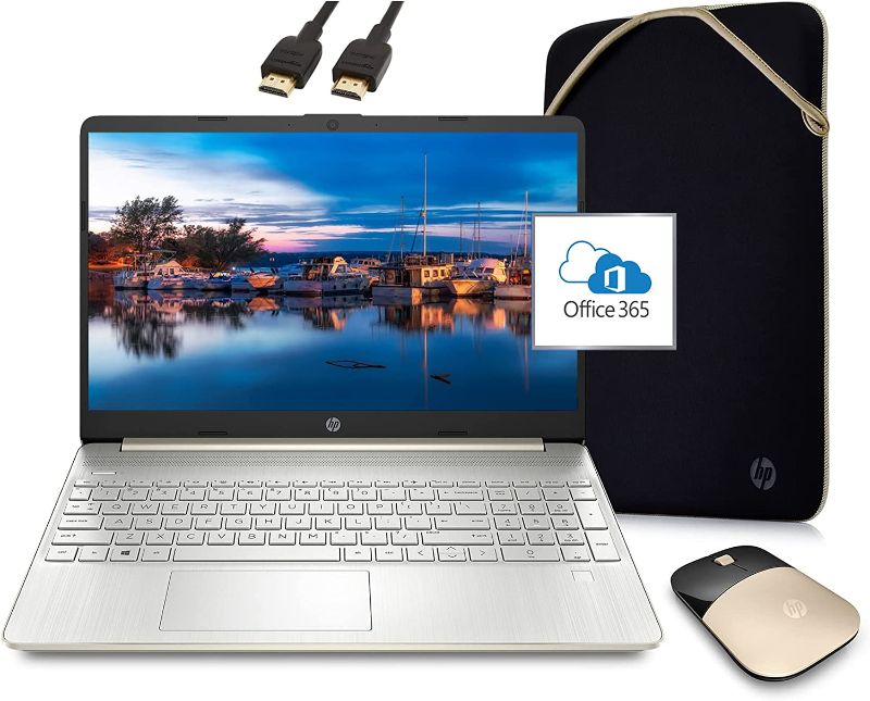 Photo 1 of HP 2022 Newest Laptop with Microsoft Office Included 1-Year, 15.6" HD Screen, AMD Athlon 3050U 16GB RAM 1TB SSD HDMI Port Webcam Gold White Windows 11 | College Student Bundle, ROKC HDMI Cable