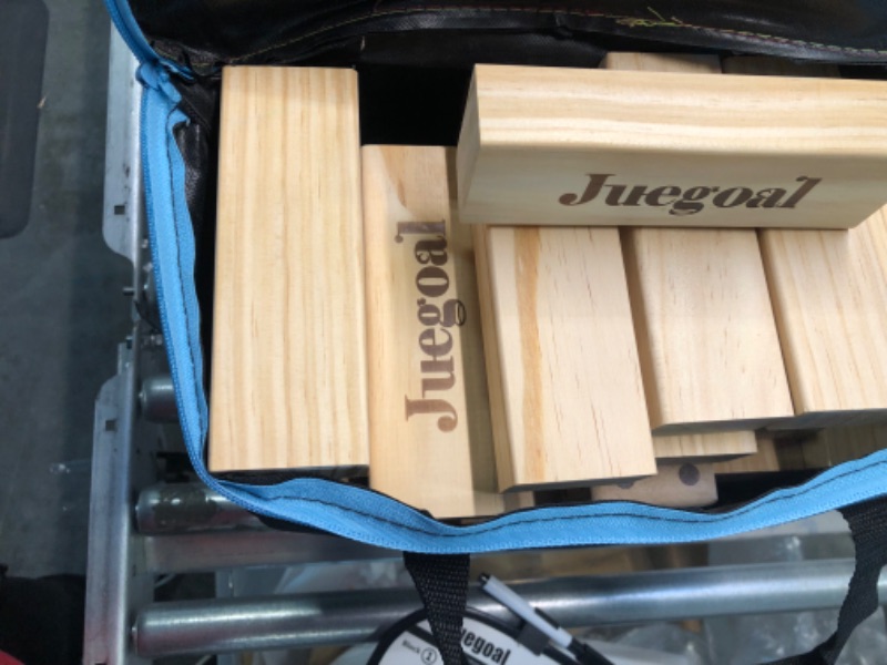 Photo 1 of Juegoal 54 Pieces Giant Tumble Tower Blocks Game Giant Wood Stacking Game with 1 Dice Set Canvas Bag for Adult, Kids, Family Large Wood Color